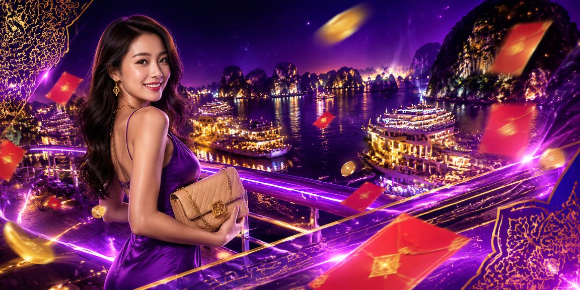 Vịnh Hạ Long về đêm với đèn neon rực rỡ và bao thư đỏ may mắn tượng trưng cho khuyến mãi
