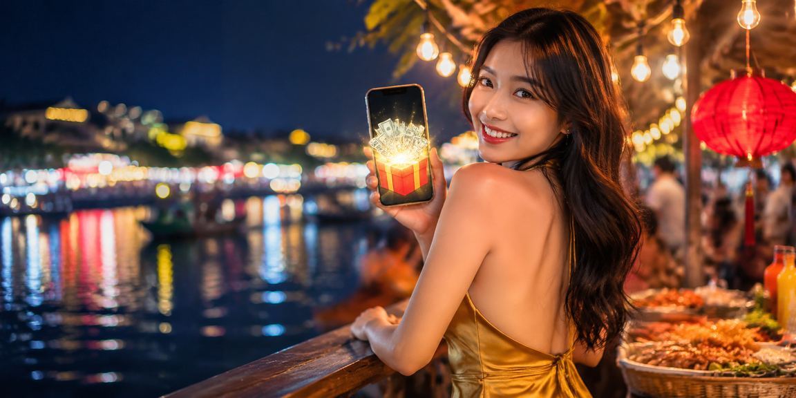 Người dùng trải nghiệm giải trí di động tại chợ đêm Mekong – hình ảnh không khí sôi động và có trách nhiệm