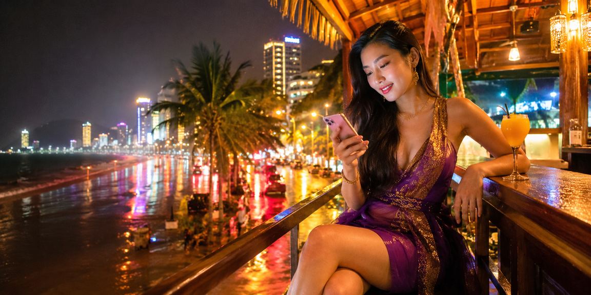 Người dùng thư giãn tại bãi biển Nha Trang và nhận cashback bonus trên ứng dụng di động